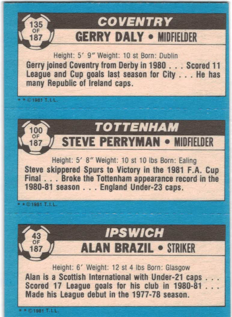 1981-82 Topps English League #43 43 Alan Brazil/100 Steve Perryman/135 Gerry Daly back image