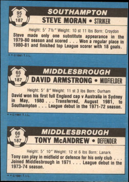 1981-82 Topps English League #66 66 Tony McAndrew/65 David Armstrong/95 Steve Moran back image