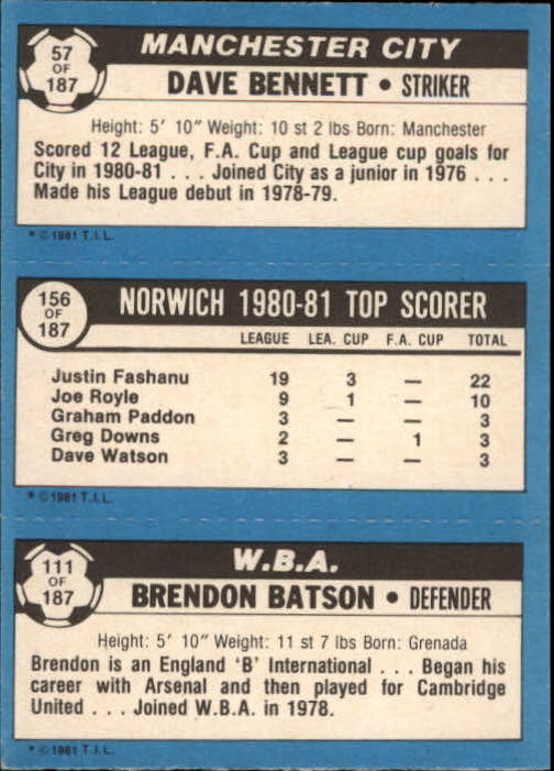 1981-82 Topps English League #111 111 Brendon Batson/156 Justin Fashanu/57 Dave Bennett back image