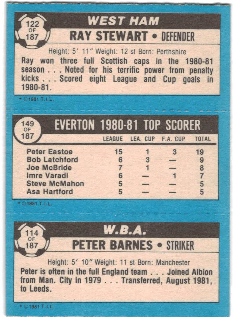 1981-82 Topps English League #114 114 Peter Barnes/149 Peter Eastoe/122 Ray Stewart back image