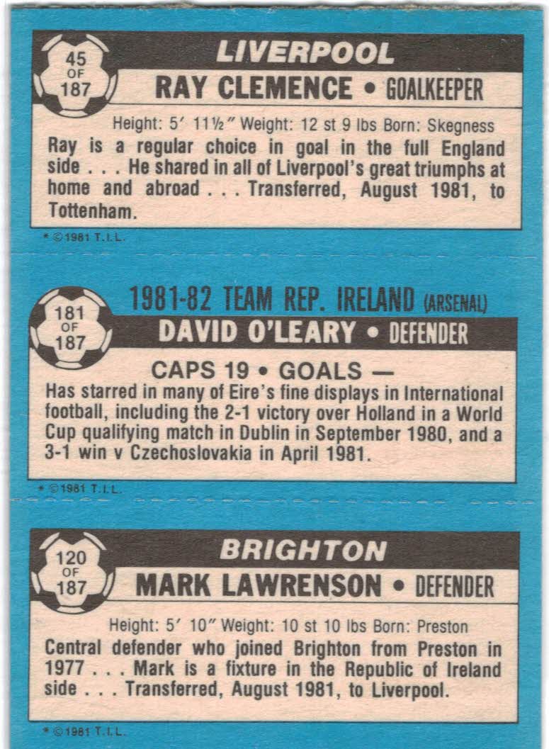 1981-82 Topps English League #120 120 Mark Lawrenson/181 David O'Leary/45 Ray Clemence back image