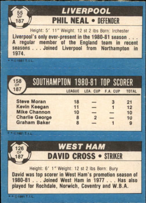 1981-82 Topps English League #126 126 David Cross/158 Steve Moran/55 Phil Neal back image