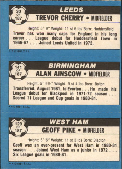 1981-82 Topps English League #129 129 Geoff Pike/141 Alan Ainscow/30 Trevor Cherry back image