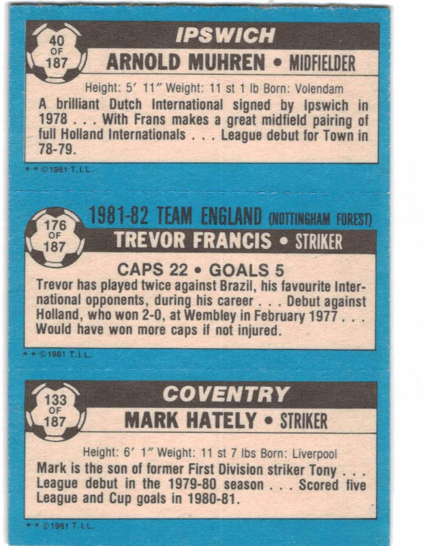 1981-82 Topps English League #133 133 Mark Hately/176 Trevor Francis/40 Arnold Muhren back image