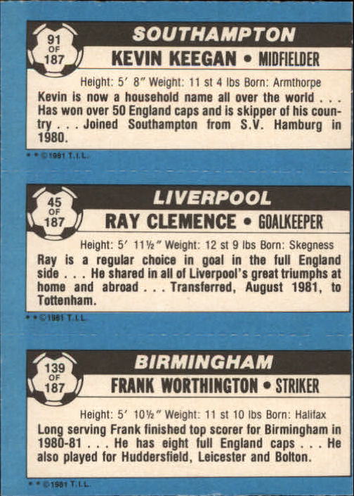 1981-82 Topps English League #139 139 Frank Worthington/45 Ray Clemence/91 Kevin Keegan back image
