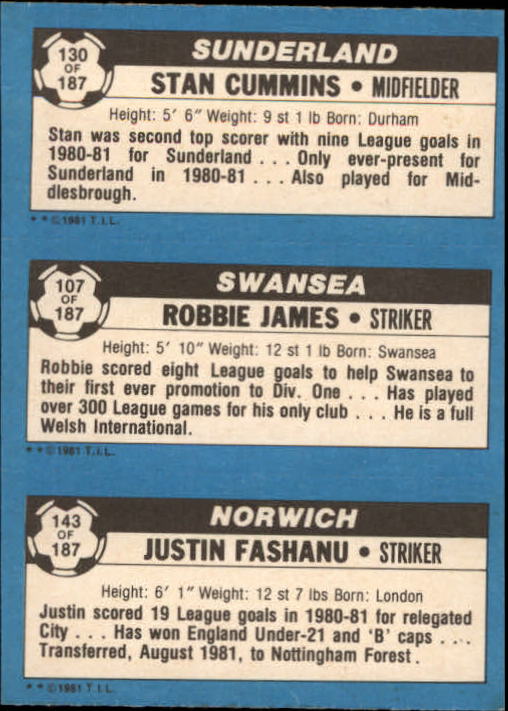 1981-82 Topps English League #143 143 Justin Fashanu/107 Robbie James/130 Stan Cummins back image