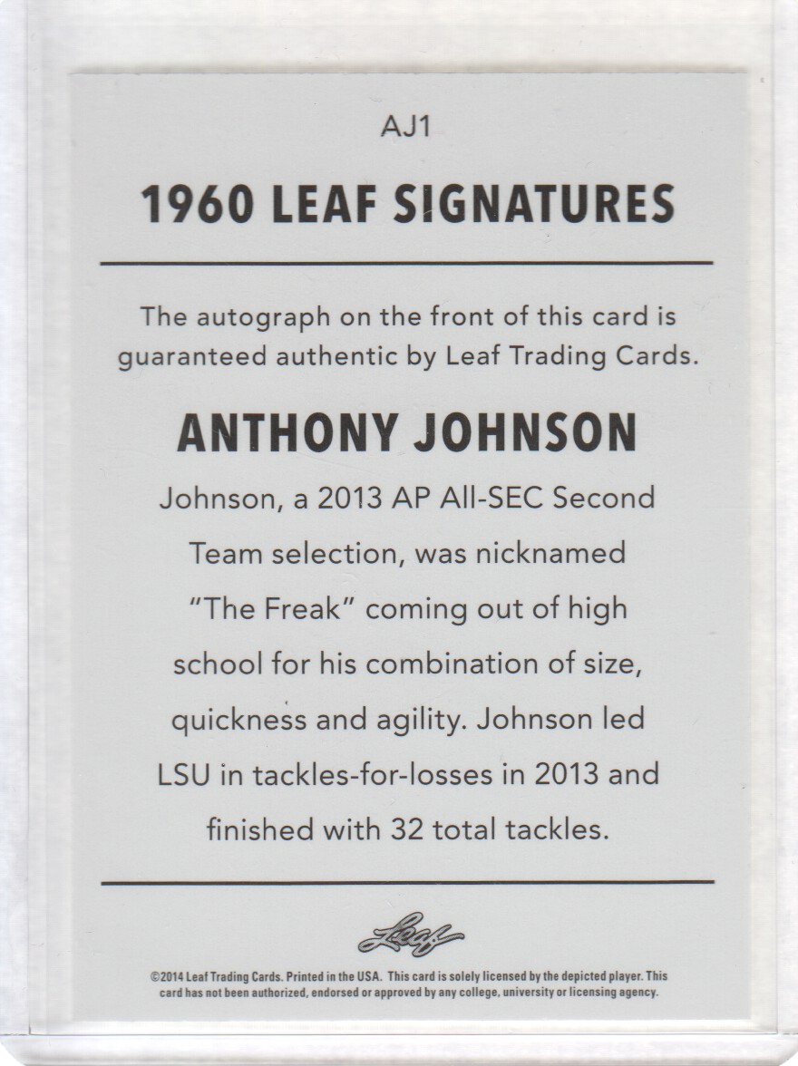 2014 Leaf Originals '60 Autographs Silver #AJ1 Anthony Johnson back image