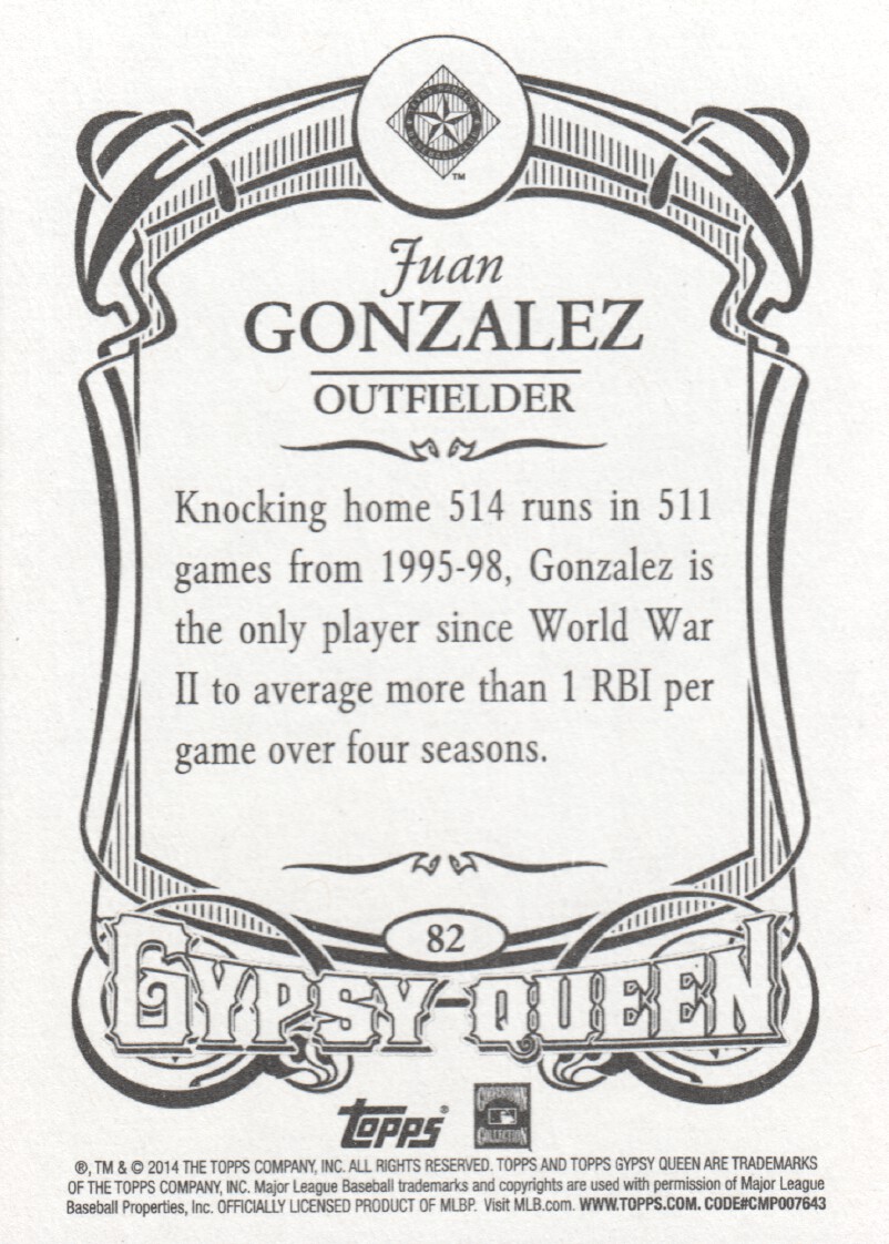 2014 Topps Gypsy Queen #82 Juan Gonzalez back image