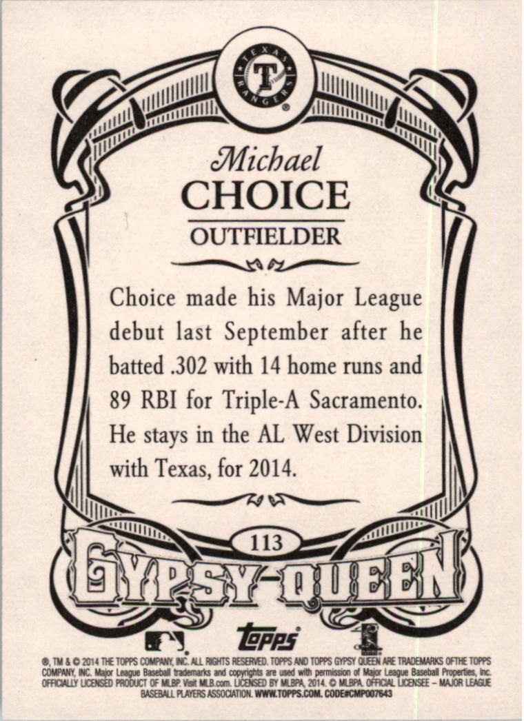 2014 Topps Gypsy Queen #113 Michael Choice RC back image