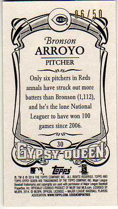 2014 Topps Gypsy Queen Mini Sepia #30 Bronson Arroyo back image