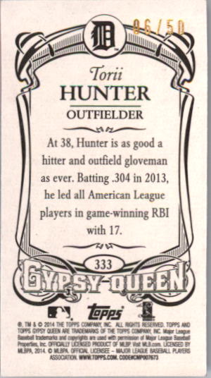 2014 Topps Gypsy Queen Mini Sepia #333 Torii Hunter back image