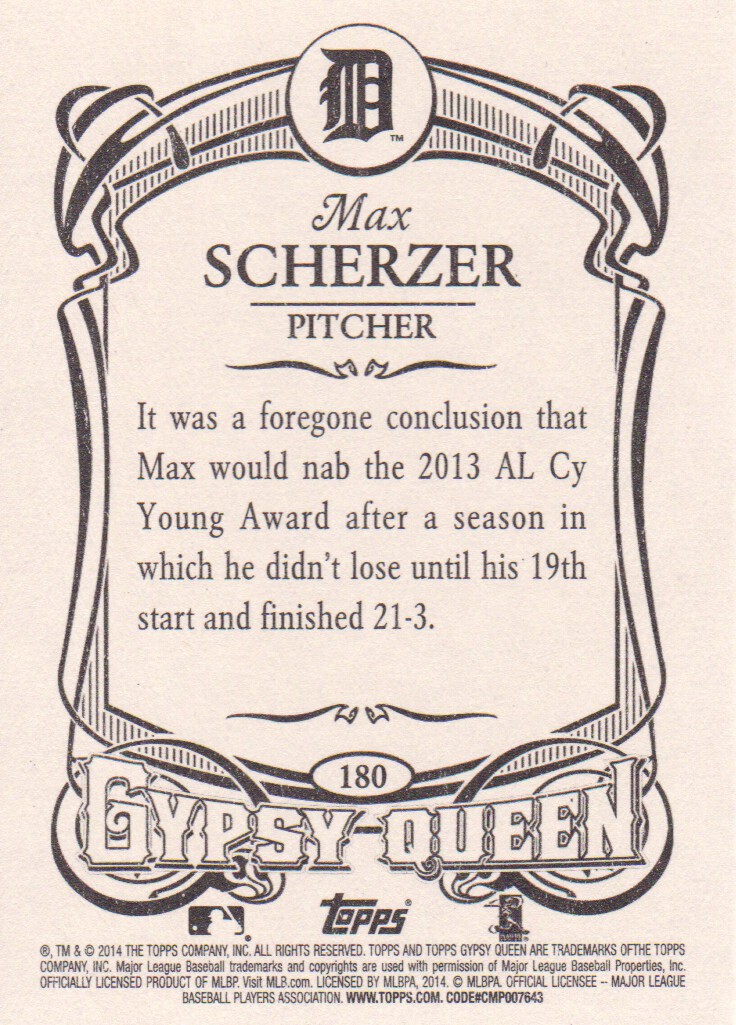 2014 Topps Gypsy Queen Framed Blue #180 Max Scherzer back image