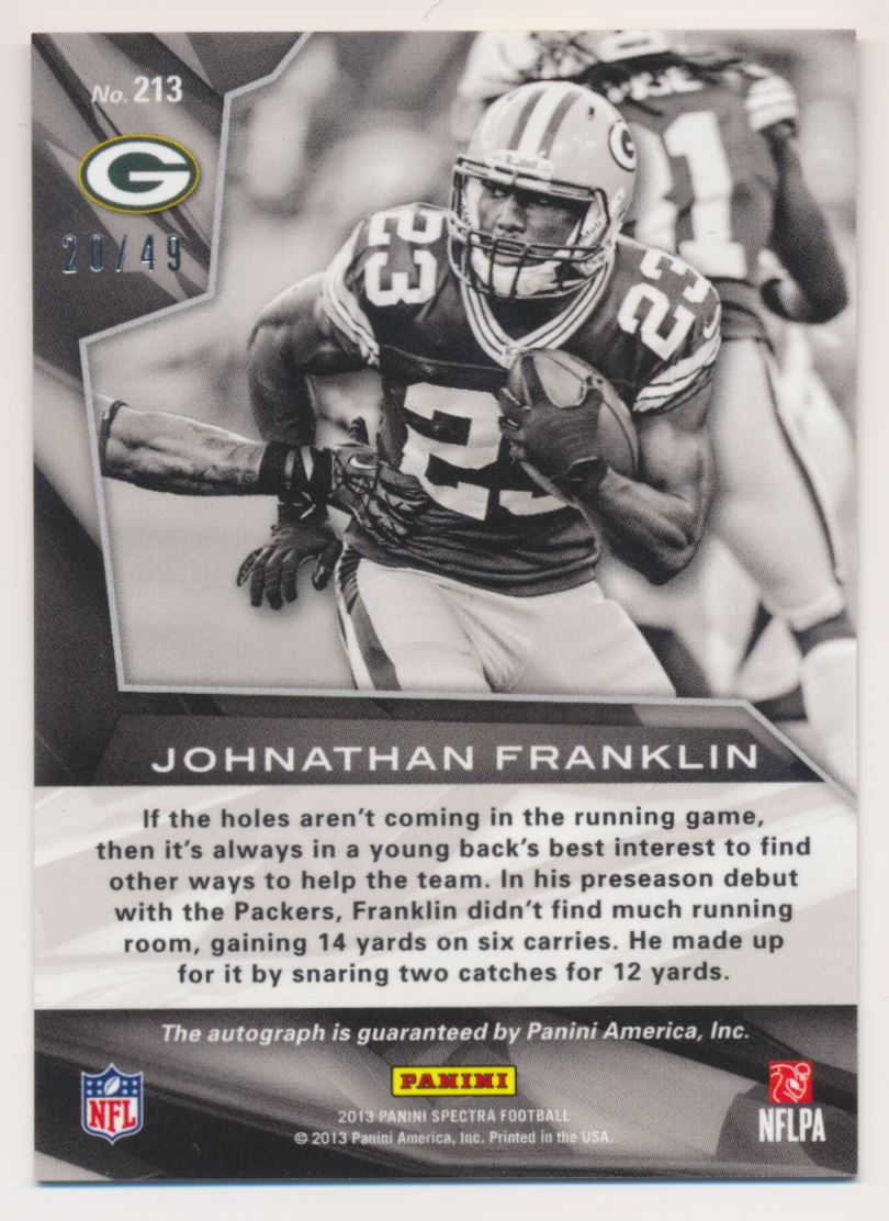 2013 Panini Spectra Rookie Signatures Spectra Blue #213 Johnathan Franklin back image