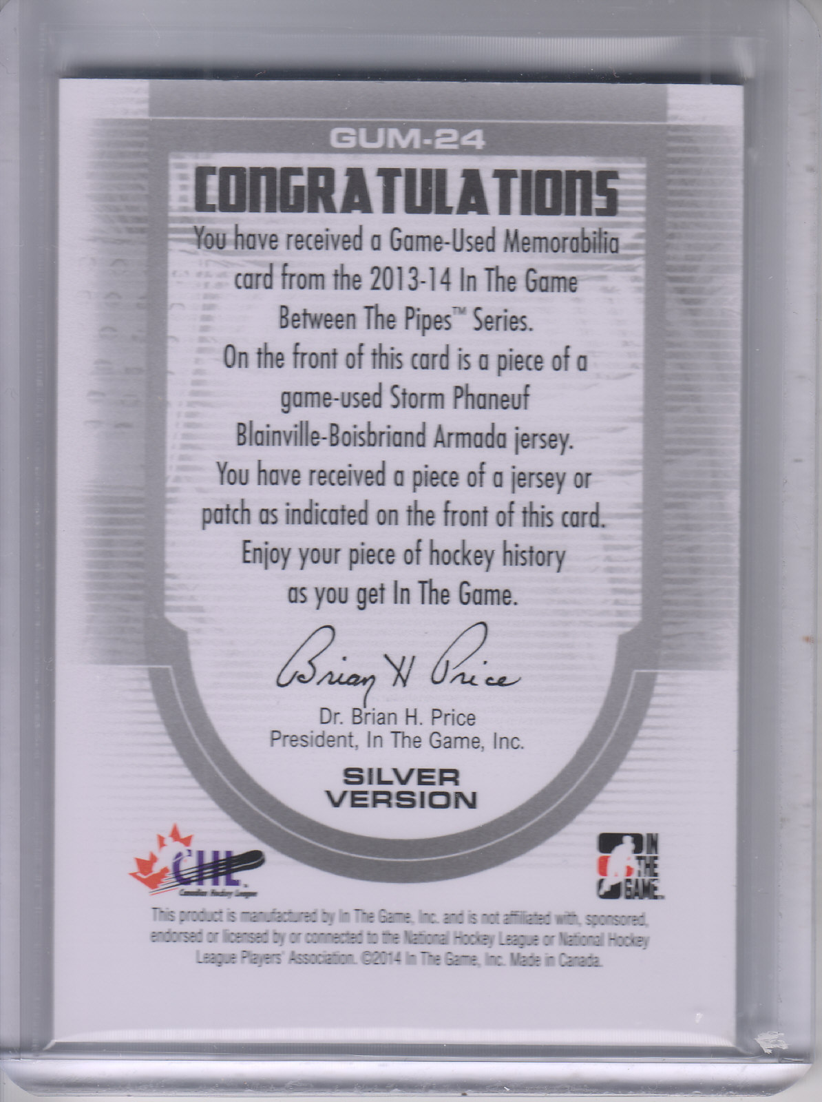 2013-14 Between the Pipes Jerseys Silver #GUM24 Storm Phaneuf back image