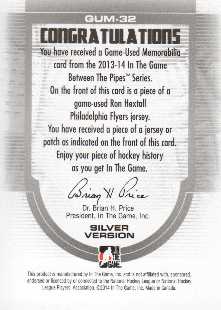 2013-14 Between the Pipes Jerseys Silver #GUM32 Ron Hextall back image