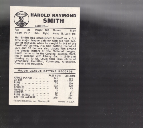 1960 Leaf #58C Hal Smith/No team on back back image