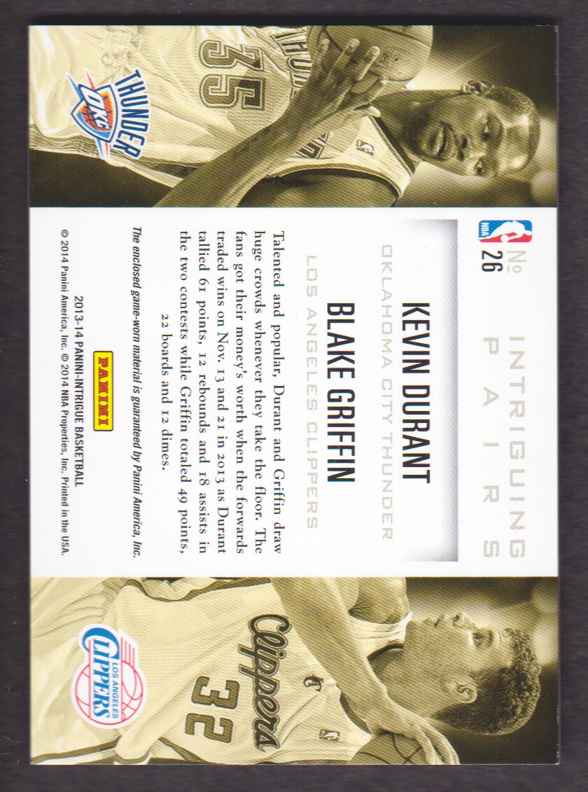2013-14 Panini Intrigue Intriguing Pairs Jerseys #26 Blake Griffin/Kevin Durant/199 back image