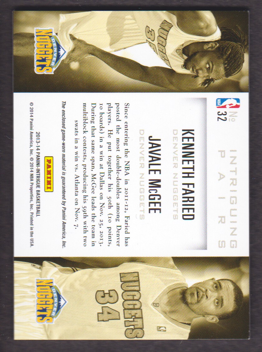 2013-14 Panini Intrigue Intriguing Pairs Jerseys #32 JaVale McGee/Kenneth Faried/199 back image