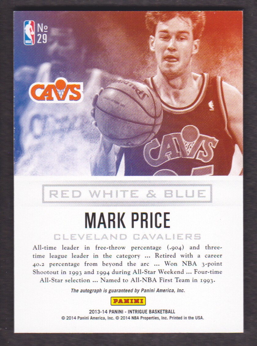 2013-14 Panini Intrigue Red White and Blue Autographs #29 Mark Price/99 back image