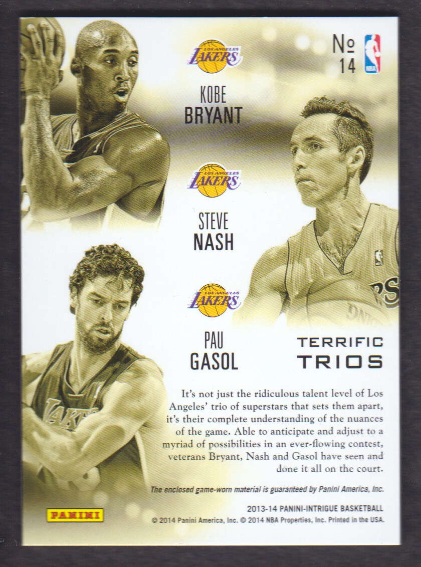 2013-14 Panini Intrigue Terrific Trios #14 Kobe Bryant/Pau Gasol/Steve Nash/199 back image