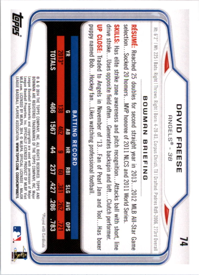 2014 Bowman #74 David Freese back image