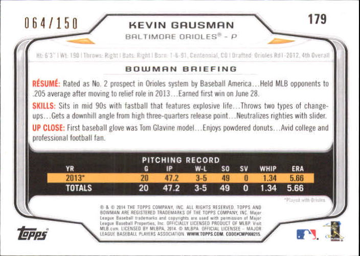 2014 Bowman Green #179 Kevin Gausman back image