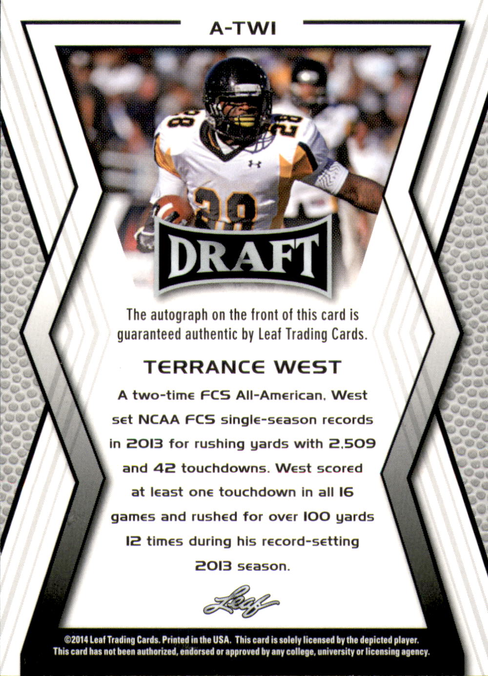 2014 Leaf Draft Autographs #ATW1 Terrance West back image