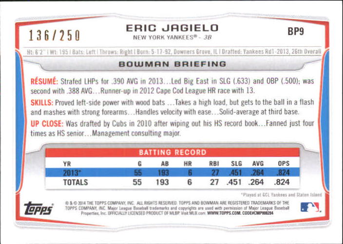 2014 Bowman Prospects Orange #BP9 Eric Jagielo back image