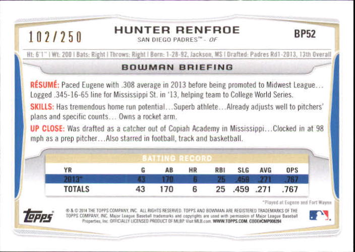 2014 Bowman Prospects Orange #BP52 Hunter Renfroe back image