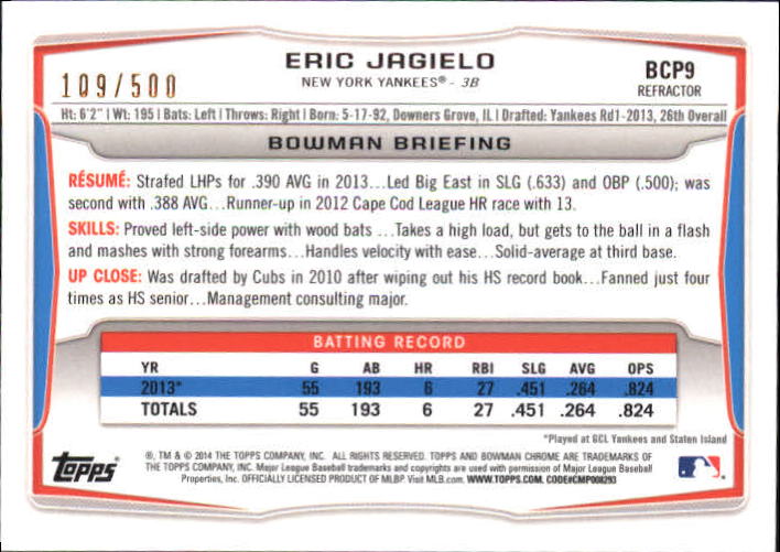 2014 Bowman Chrome Prospects Refractors #BCP9 Eric Jagielo back image