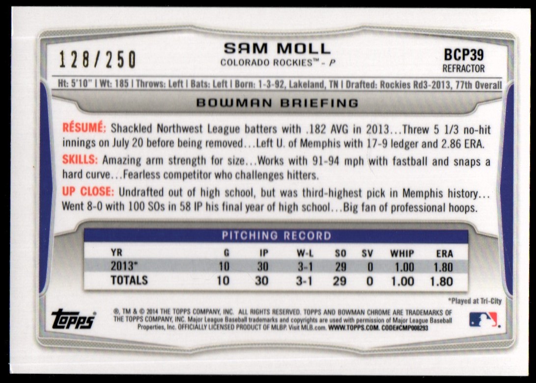 2014 Bowman Chrome Prospects Blue Refractors #BCP39 Sam Moll back image