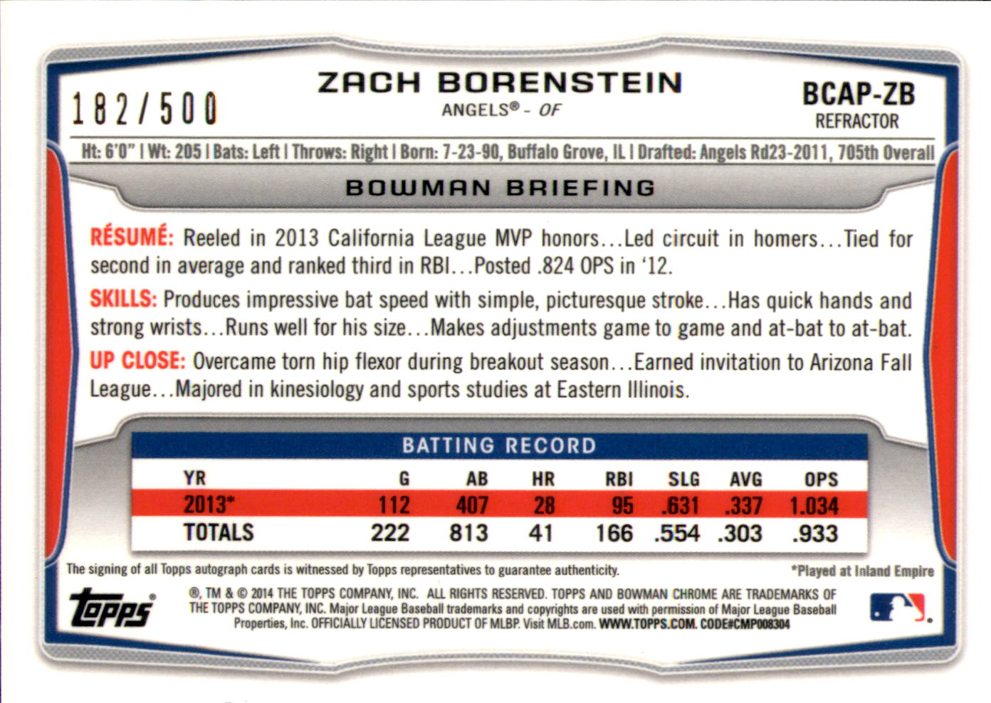 2014 Bowman Chrome Prospect Autographs Refractors #BCAPZB Zach Borenstein back image