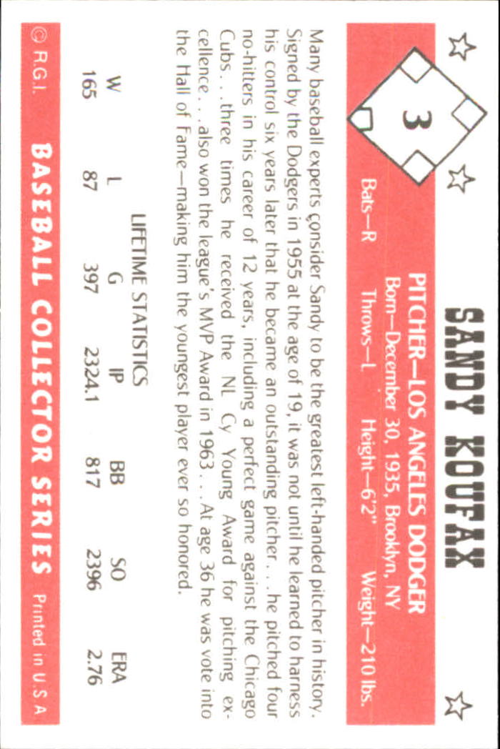 1984 Galasso Baseball Collector Series #3 Sandy Koufax back image