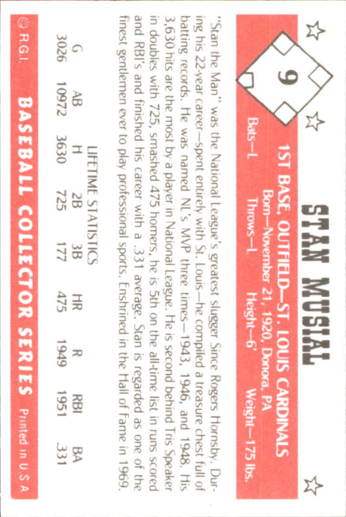 1984 Galasso Baseball Collector Series #9 Stan Musial back image
