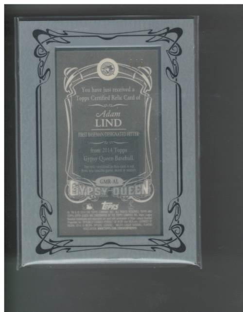 2014 Topps Gypsy Queen Framed Mini Relics Silver #GMRAL Adam Lind back image