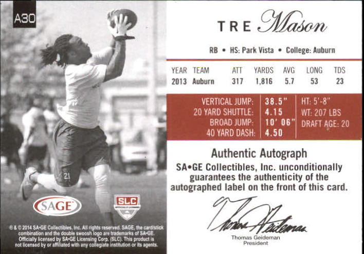 2014 SAGE Autographs Gold #30 Tre Mason back image