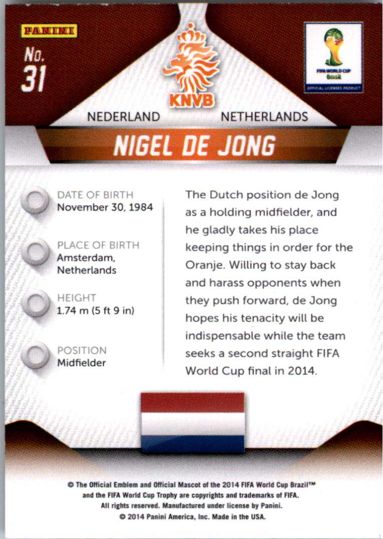 2014 Panini Prizm World Cup #31 Nigel de Jong back image