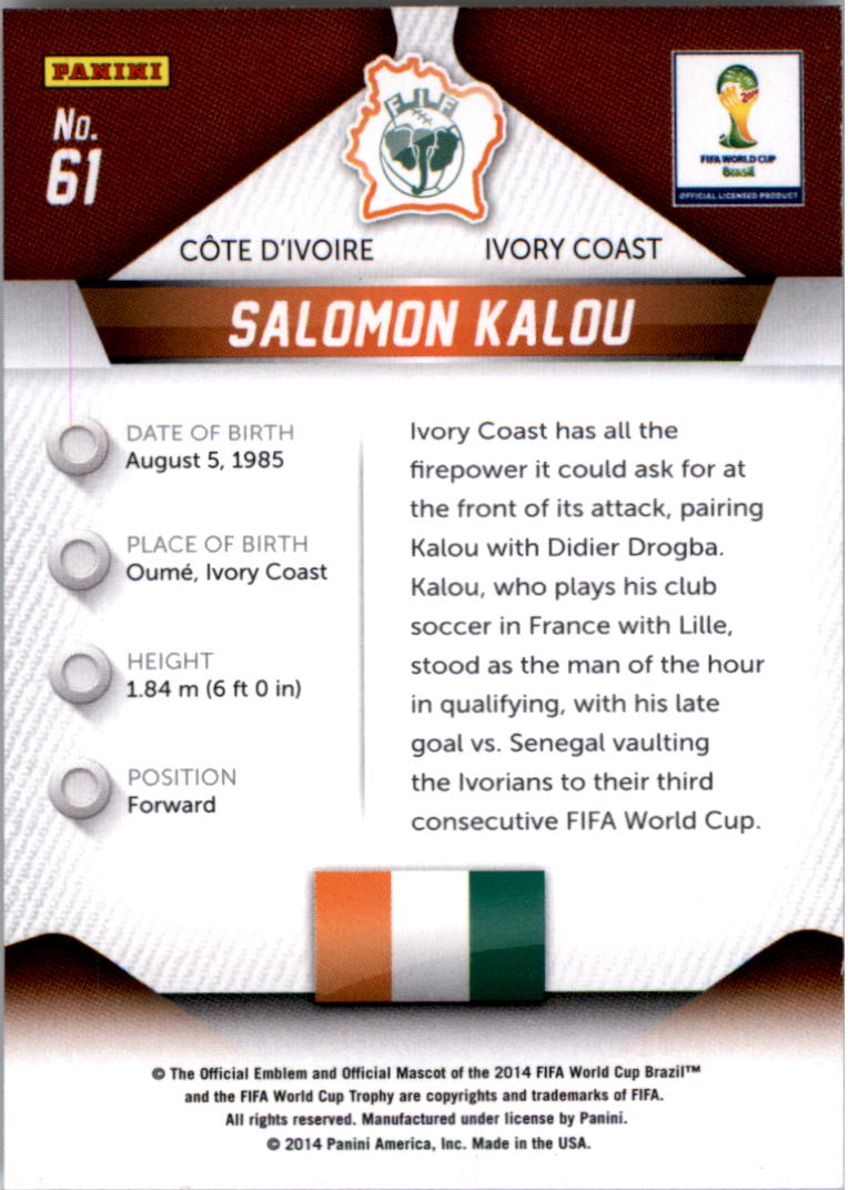 2014 Panini Prizm World Cup #61 Salomon Kalou back image