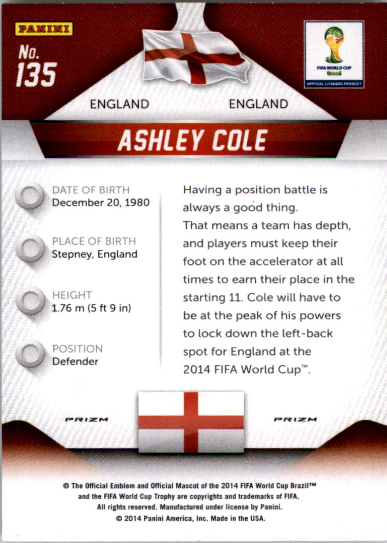 2014 Panini Prizm World Cup Prizms Red White and Blue #135 Ashley Cole back image