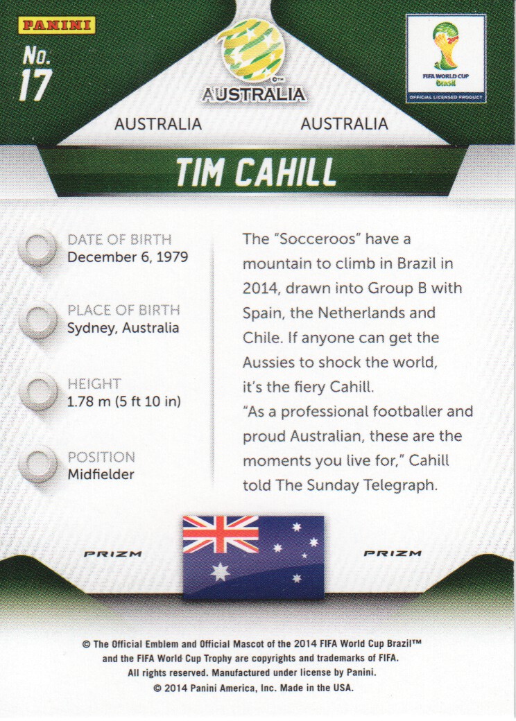 2014 Panini Prizm World Cup Prizms Yellow and Red Pulsar #17 Tim Cahill back image