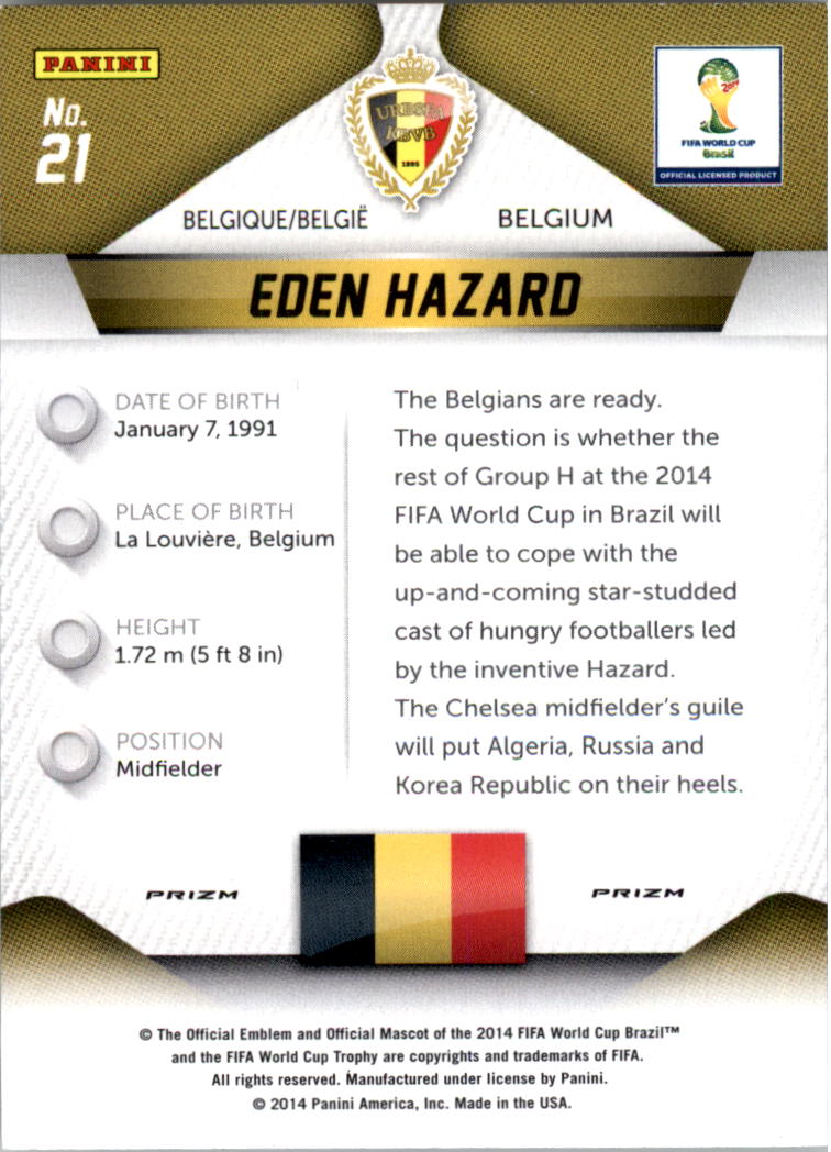 2014 Panini Prizm World Cup Prizms Yellow and Red Pulsar #21 Eden Hazard back image