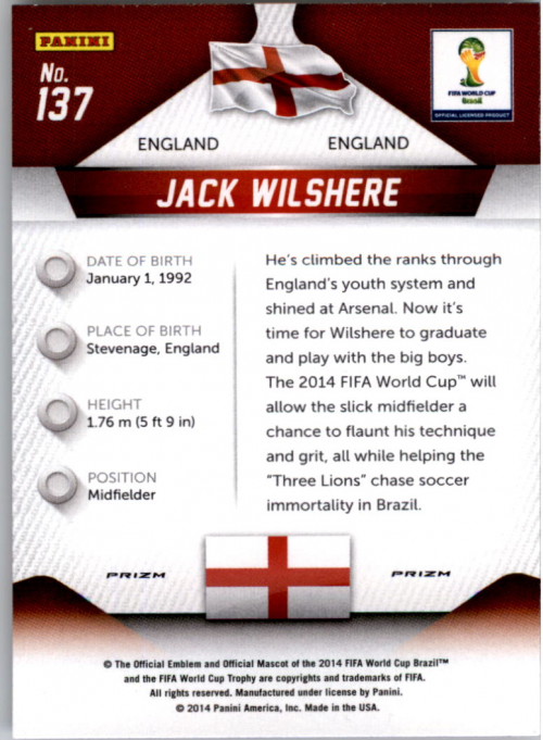2014 Panini Prizm World Cup Prizms Yellow and Red Pulsar #137 Jack Wilshere back image