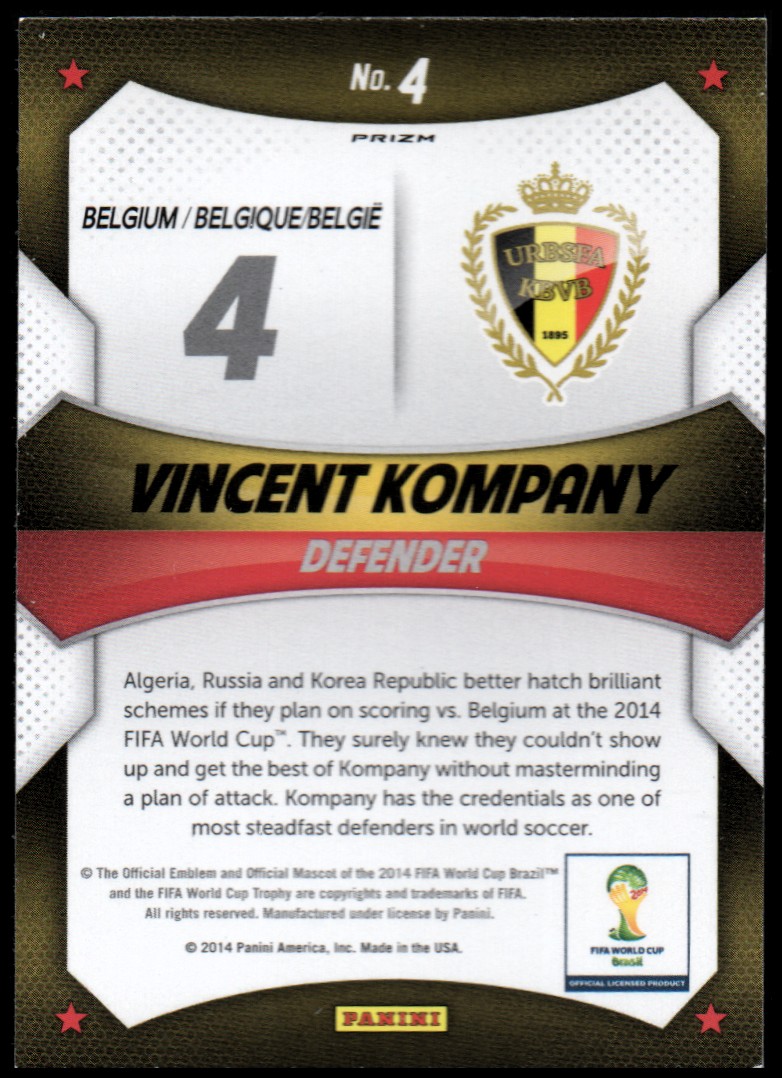 2014 Panini Prizm World Cup World Cup Stars Prizms Blue and Red Wave #4 Vincent Kompany back image