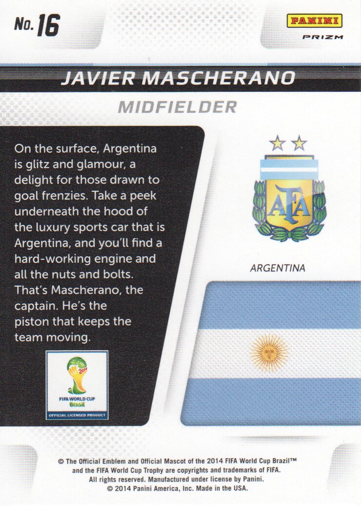 2014 Panini Prizm World Cup Cup Captains Prizms Red White and Blue #16 Javier Mascherano back image