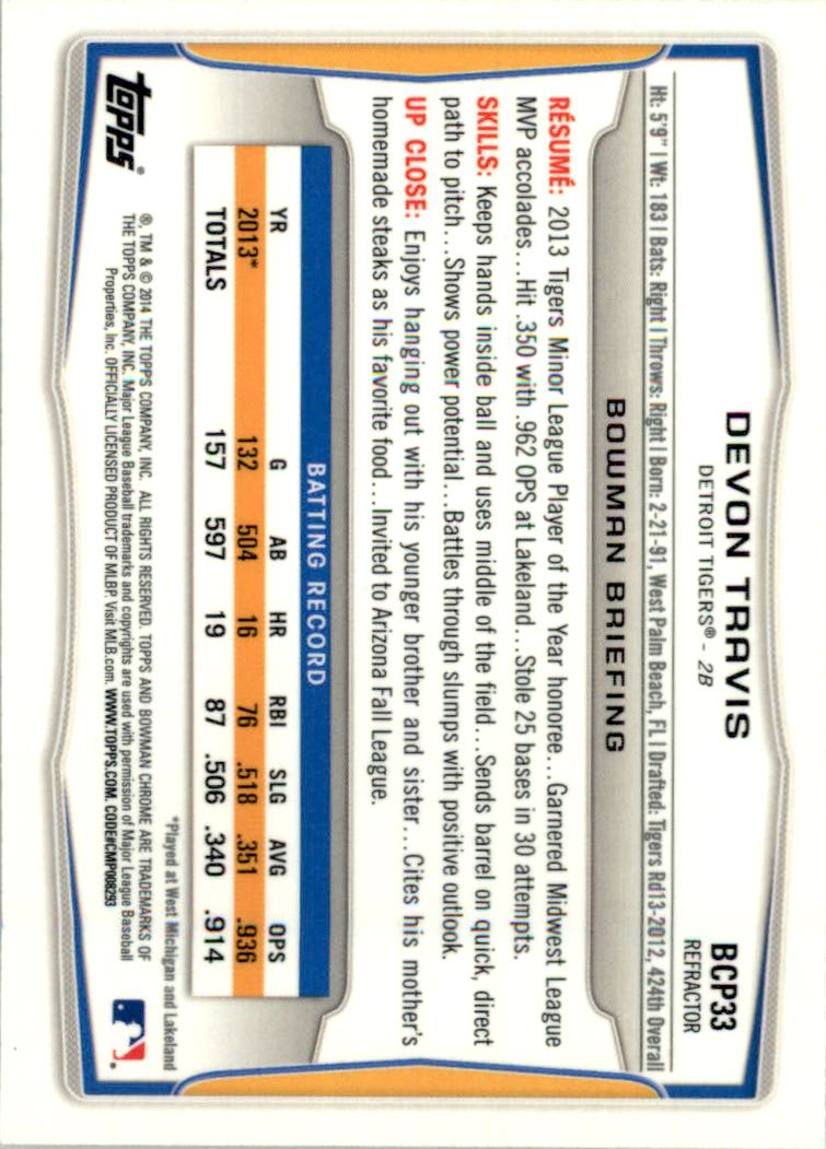 2014 Bowman Chrome Prospects Orange Wave Refractors #BCP33 Devon Travis back image