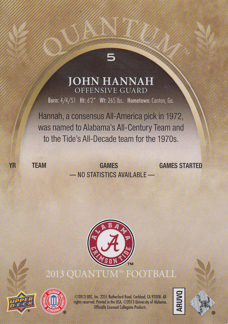2013 Upper Deck Quantum #5 John Hannah back image