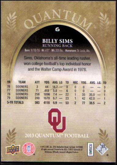 2013 Upper Deck Quantum #6 Billy Sims back image