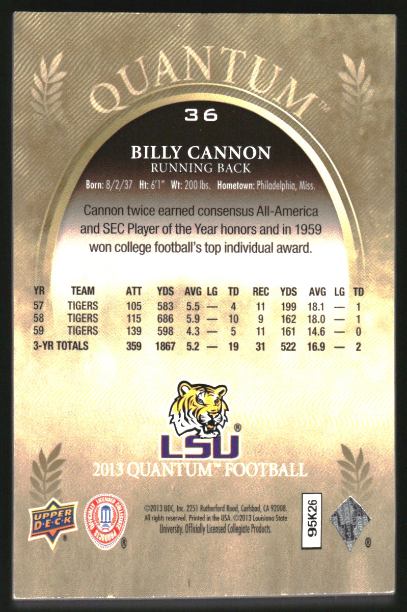 2013 Upper Deck Quantum #36 Billy Cannon back image