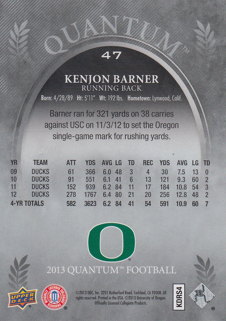 2013 Upper Deck Quantum #47 Kenjon Barner back image