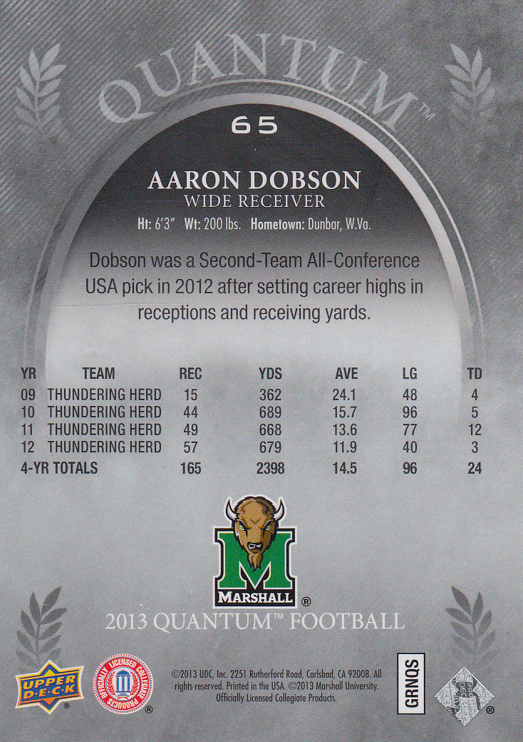 2013 Upper Deck Quantum #65 Aaron Dobson back image